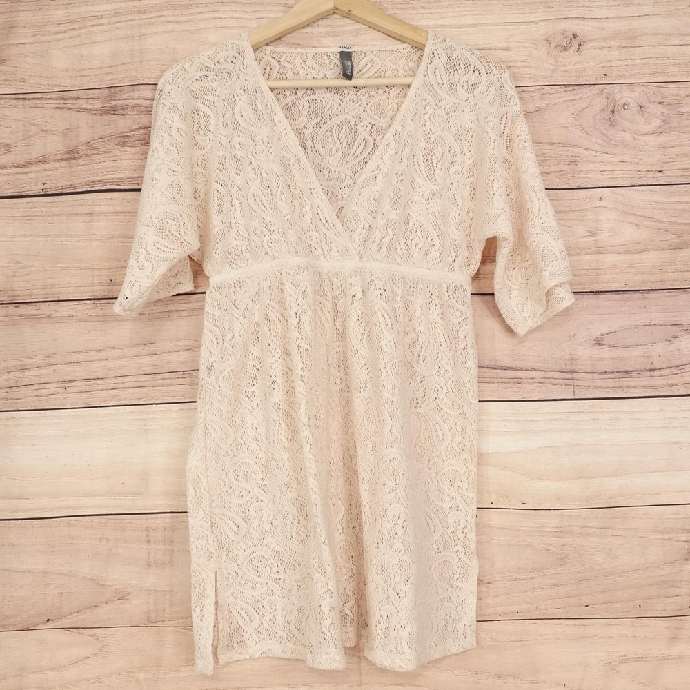 Kenneth Cole Reaction Dress Womens S White Lace Sheer Shift Kimono Sleeve